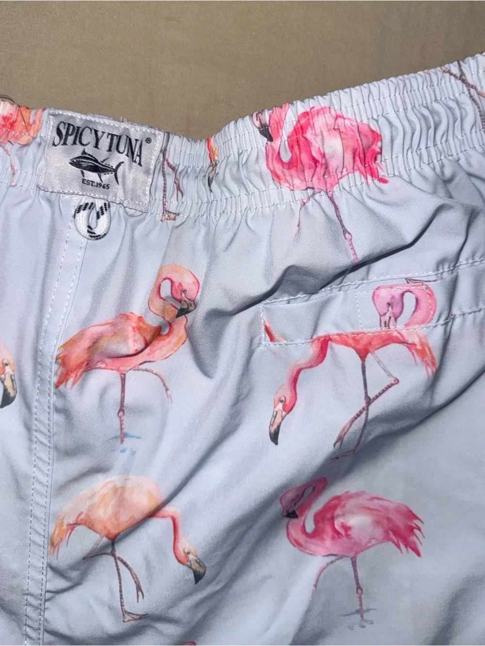 Spicy Tuna Men’s Swim Trunks Flamingo Print Size 2XL